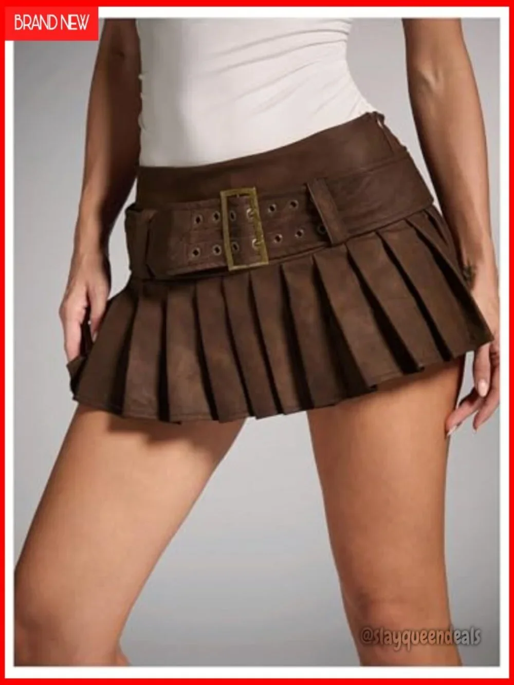 Low Rise Pleated Mini Skirt with Buckle Belt, Y2K Western Style